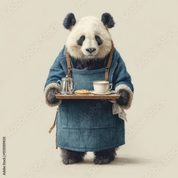 Obraz Panda barista serves coffee, pastries, neutral background, cafe menu