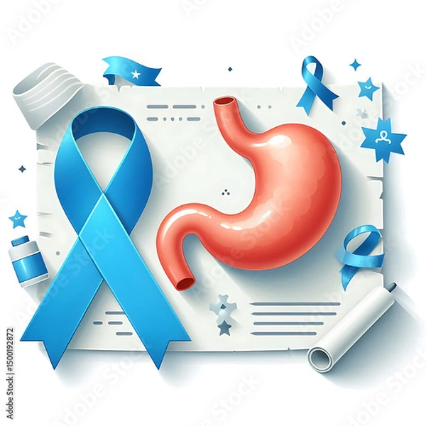Fototapeta A soft blue ribbon with the stomach and text. symbol about stomach cancer awareness campaign logo or poster to support gastric cancer patients.
