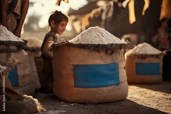 Obraz Child playing near sacks of flour marked Ukraine Aid in refugee camp