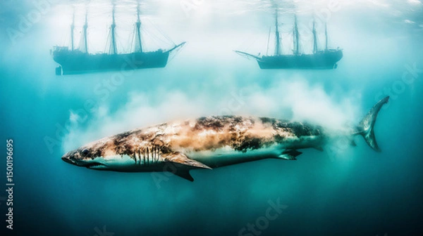 Obraz Giant shark swimming underwater with ghost ships above