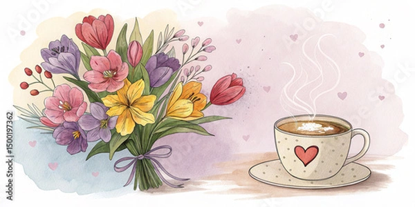 Fototapeta Flowers and adorable heart-shaped coffee, watercolor illustration.