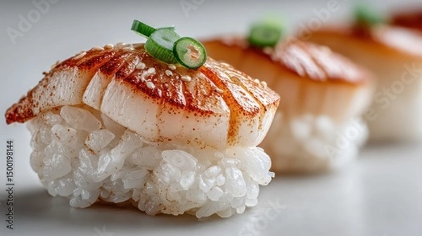 Fototapeta Seared scallops sushi, close-up, restaurant, bokeh background, menu