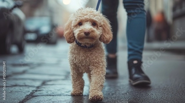 Fototapeta Small poodle is walking with its owner on a wet paved city street while on a leash.