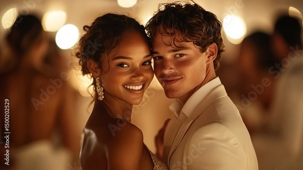 Fototapeta Smiling couple poses closely together at an indoor party with soft lighting and other guests in the background.