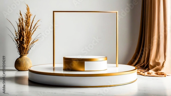 Fototapeta Elegant Gold and White Product Display Platform with Pampas Grass