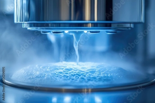 Fototapeta Cryogenic process shown with liquid nitrogen and vaporized liquid forming ice crystals in a modern laboratory setting.