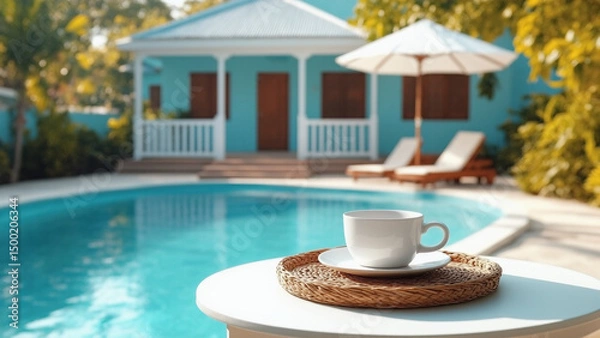 Fototapeta 

A white ceramic cup of coffee rests on a table beside a serene swimming pool, with a charming turquoise villa and sunlit trees in the background.
