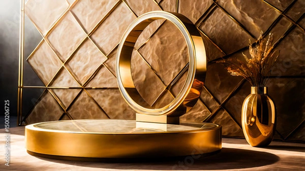 Fototapeta Luxury Gold Display Stand with Circle Frame and Vase