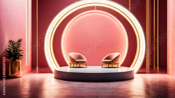 Fototapeta Elegant Pink Room Interior with Two Armchairs and Illuminated Arch