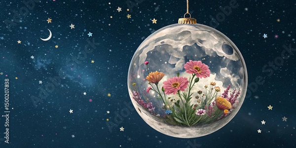 Fototapeta A glass moon in the starry sky, with many flowers blooming inside the glass moon.