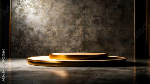 Fototapeta Elegant Gold and Beige Two Tiered Display Platform on Dark Concrete Background
