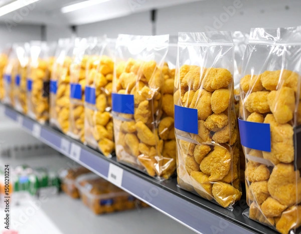 Fototapeta Multiple clear plastic bags filled with golden breaded chicken nuggets are neatly arranged on a refrigerated supermarket shelf, ready for customers to purchase and enjoy at home.