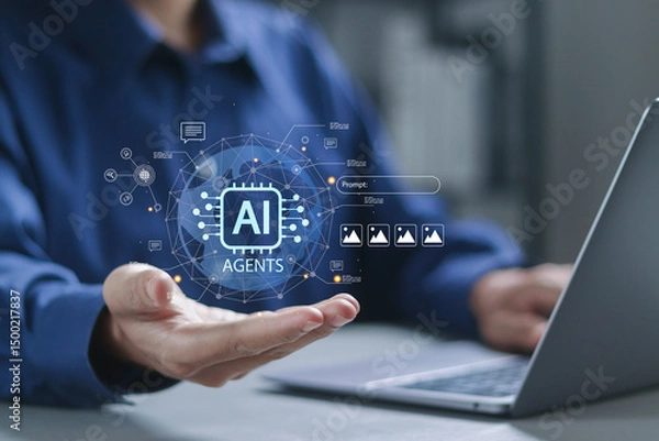 Fototapeta AI agent and generative artificial intelligence concept. Intelligent assistant with command prompt interface. Robotic processes automation and data analysis.