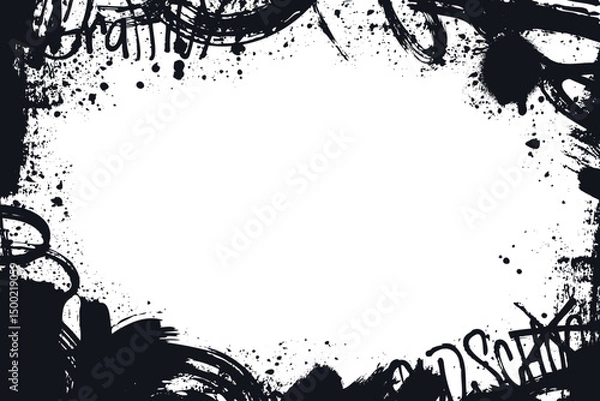 Fototapeta Grunge border frame with black ink splatters, spray textures and distressed edges. Ideal for posters, backgrounds, or vintage designs with a raw, textured look.