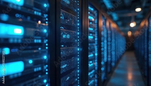 Fototapeta Rows of dedicated servers mining Bitcoin in high-tech cryptocurrency farm. Data center with advanced hardware, network, processing power. Digital currency exchange, crypto market. Bitcoin mining