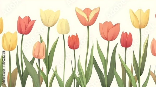 Fototapeta Digital illustration of tulips in shades of red and yellow against a muted green background.