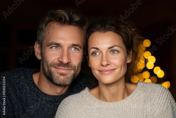 Obraz Portrait of happy middle-aged couple with blue eyes wearing cozy sweaters, sitting together indoors with warm lights in background