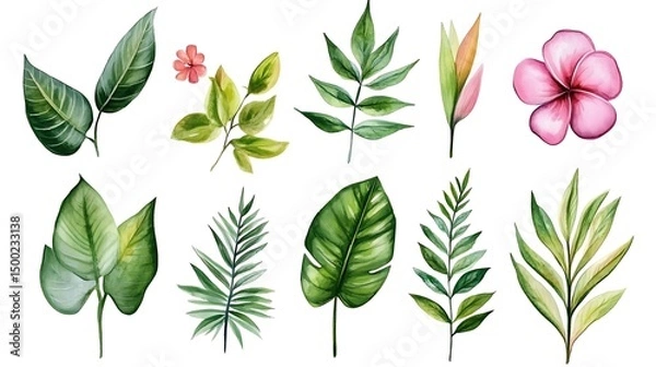 Fototapeta Watercolor illustration depicts various tropical leaves and a pink hibiscus flower on a white background.