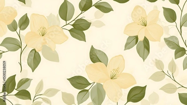 Fototapeta Digital illustration of pale yellow magnolia blossoms with green foliage on a soft beige background.