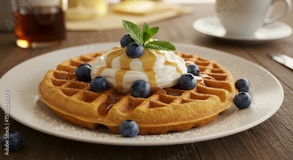 Obraz Delicious Belgian Waffle with Blueberries and Whipped Cream
