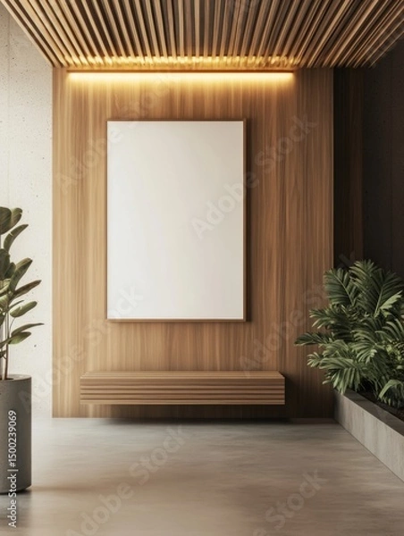 Fototapeta modern hotel lobby interior with empty white poster frame on wall, wooden elements and concrete floor
