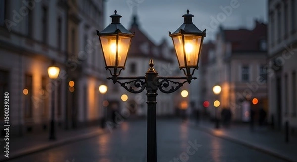 Obraz Classic Street Lamp Glowing in Winter Twilight
