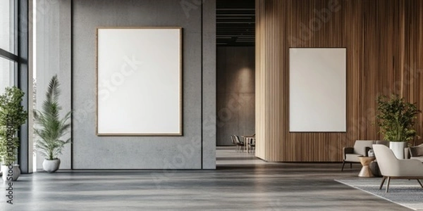 Fototapeta modern hotel lobby interior with empty white poster frame on wall, wooden elements and concrete floor