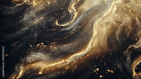 Fototapeta Digital illustration of swirling golden liquid against a dark background, creating a dynamic, textured effect.