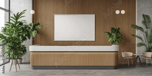 Fototapeta modern hotel lobby interior with empty white poster frame on wall, wooden elements and concrete floor
