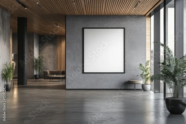 Obraz modern hotel lobby interior with a blank poster frame on the wall, featuring a wooden ceiling and concrete floor, bright and spacious layout