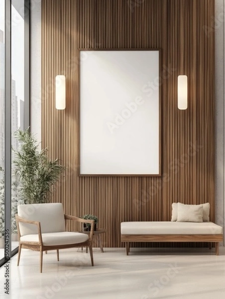 Fototapeta  modern hotel lobby interior with a blank wall art frame mockup, featuring wood and white concrete decor