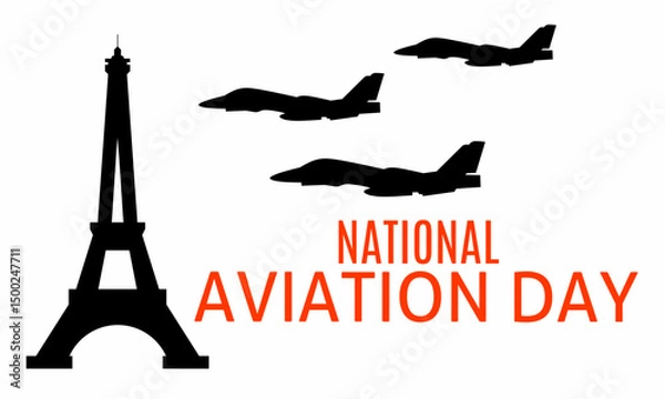 Obraz National Aviation Day greeting card with airplane and Eiffel Tower background vector illustration, suitable for National Aviation Day event in United States