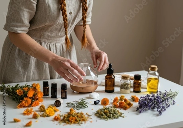 Obraz Holistic approach to wellness: essential oils and herbs for aromatherapy and natural healing