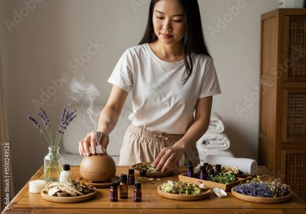 Obraz Alternative medicine still life with essential oils, healing herbs, and aromatherapy diffuser