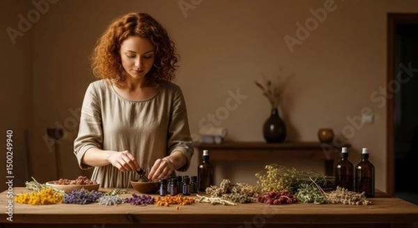 Obraz Woman preparing herbal remedies with essential oils and dried flowers for holistic healing