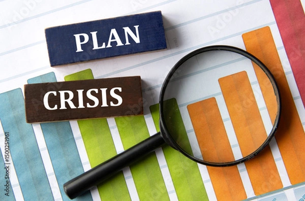 Fototapeta PLAN CRISIS - words on wooden blocks on the background of a graph and a magnifying glass