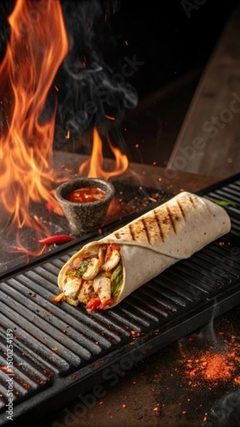 Fototapeta Chicken Wrap Grilled Over Open Fire, Served with Salsa and Chips, Flames for Dynamic Food Photography