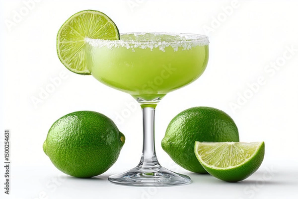 Fototapeta A refreshing green cocktail, garnished with a lime slice and surrounded by fresh limes