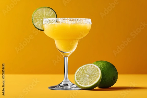 Fototapeta A refreshing mango margarita with lime slices, ready for summer enjoyment. The vibrant colors evoke feelings of refreshment and relaxation