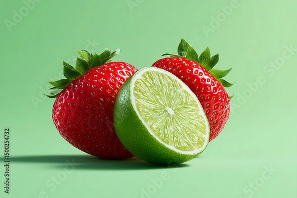 Fototapeta Fresh and vibrant strawberries with a lime slice against a green background. A burst of color and natural goodness