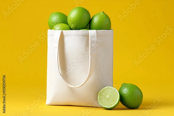 Fototapeta Fresh lime in an eco-friendly canvas bag set against a vibrant yellow backdrop