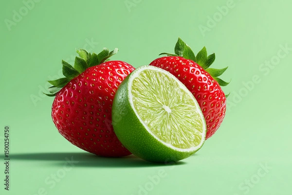 Fototapeta A vibrant still life showcasing fresh strawberries and lime