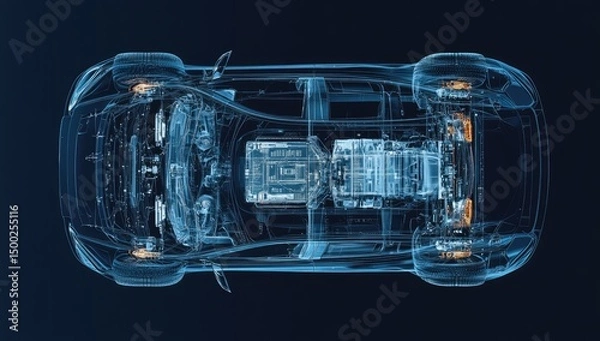 Obraz Top-down, transparent view of an EV's chassis and components
