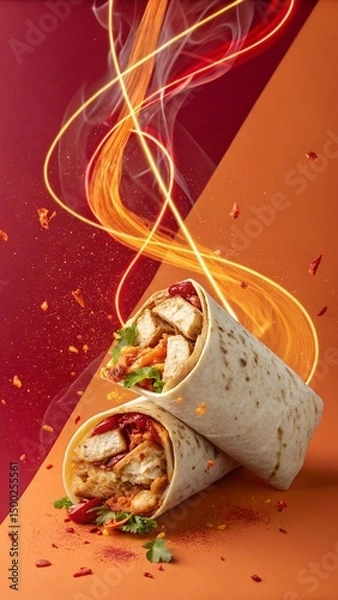 Fototapeta Chicken Wrap with Sliced Chicken, Lettuce, and Tomato, Surrounded by Floating Chili and Orange Swirl