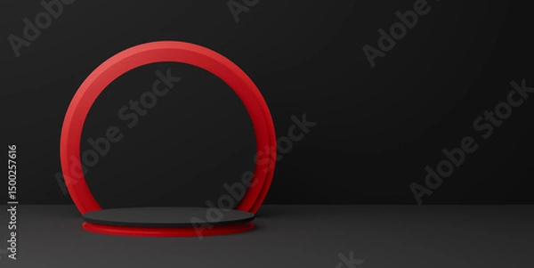 Fototapeta Red Circular Platform Presents Dramatic Black Space