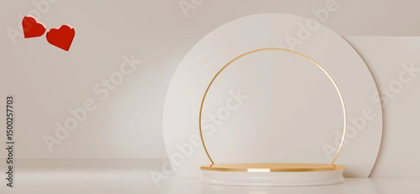 Fototapeta Minimalistic beige background shows a round platform with two hearts on the left