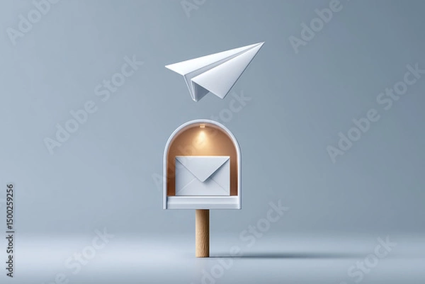 Fototapeta A paper airplane soaring above a mailbox, symbolizing communication and delivery