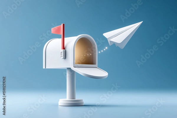 Fototapeta A paper airplane flies out of an opened mailbox against a light blue background