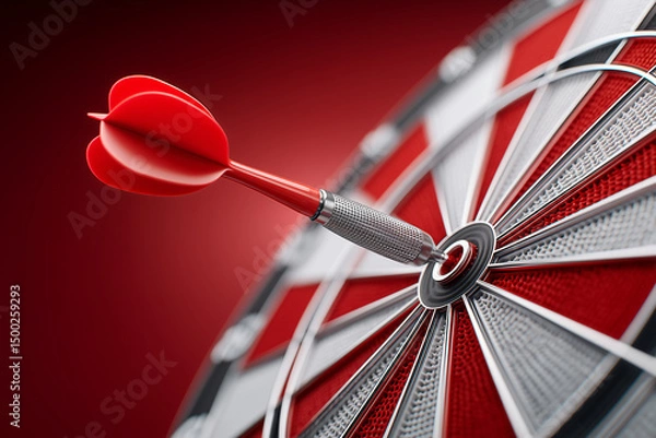 Fototapeta Red dart hitting the bullseye on a dartboard