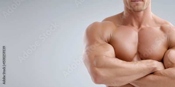Fototapeta A muscular bodybuilder with arms crossed displaying his toned physique and massive pectoral muscles. A true emblem of health and strength